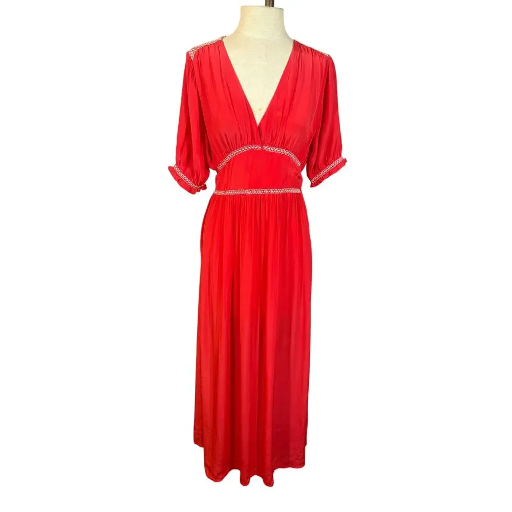 J.CREW 2025 Smocked Trim Midi Dress Crepe de Chine Red 8 M Peasant Boho Feminine